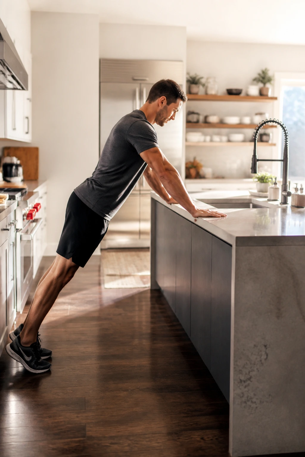 Person doing counter push-ups in a kitchen against a counter
