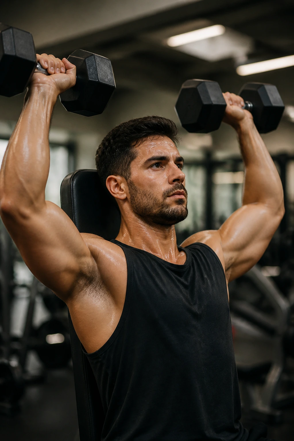 Portrait of a person overhead-pressing in a gym for defined upper-lower tone