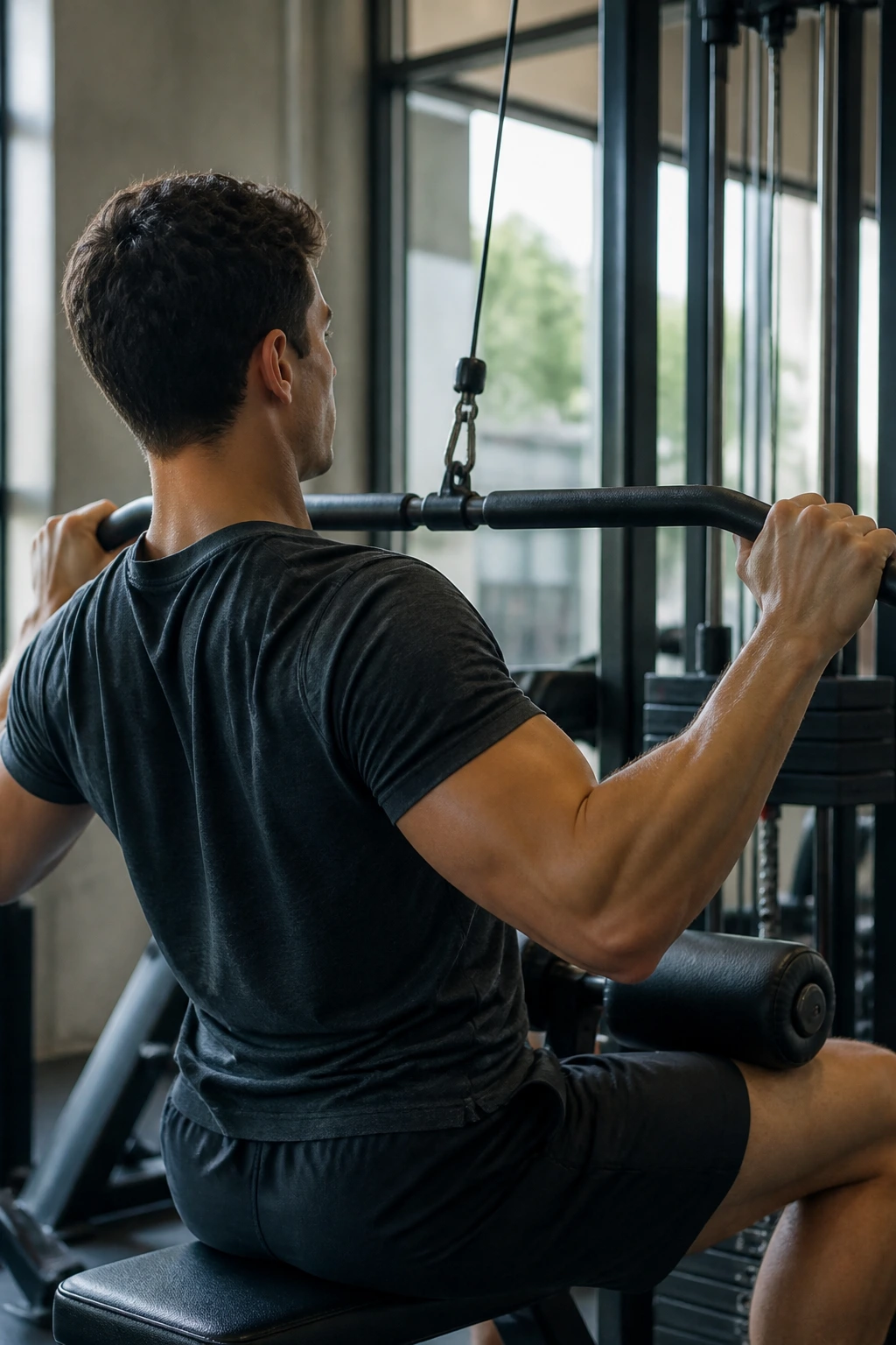 Person performing lat pulldown in gym for Upper/Lower Split for New Lifters