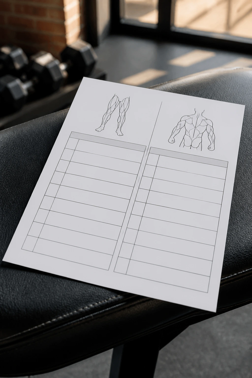Close-up of an upper-lower split sheet with limb silhouettes on gym bench