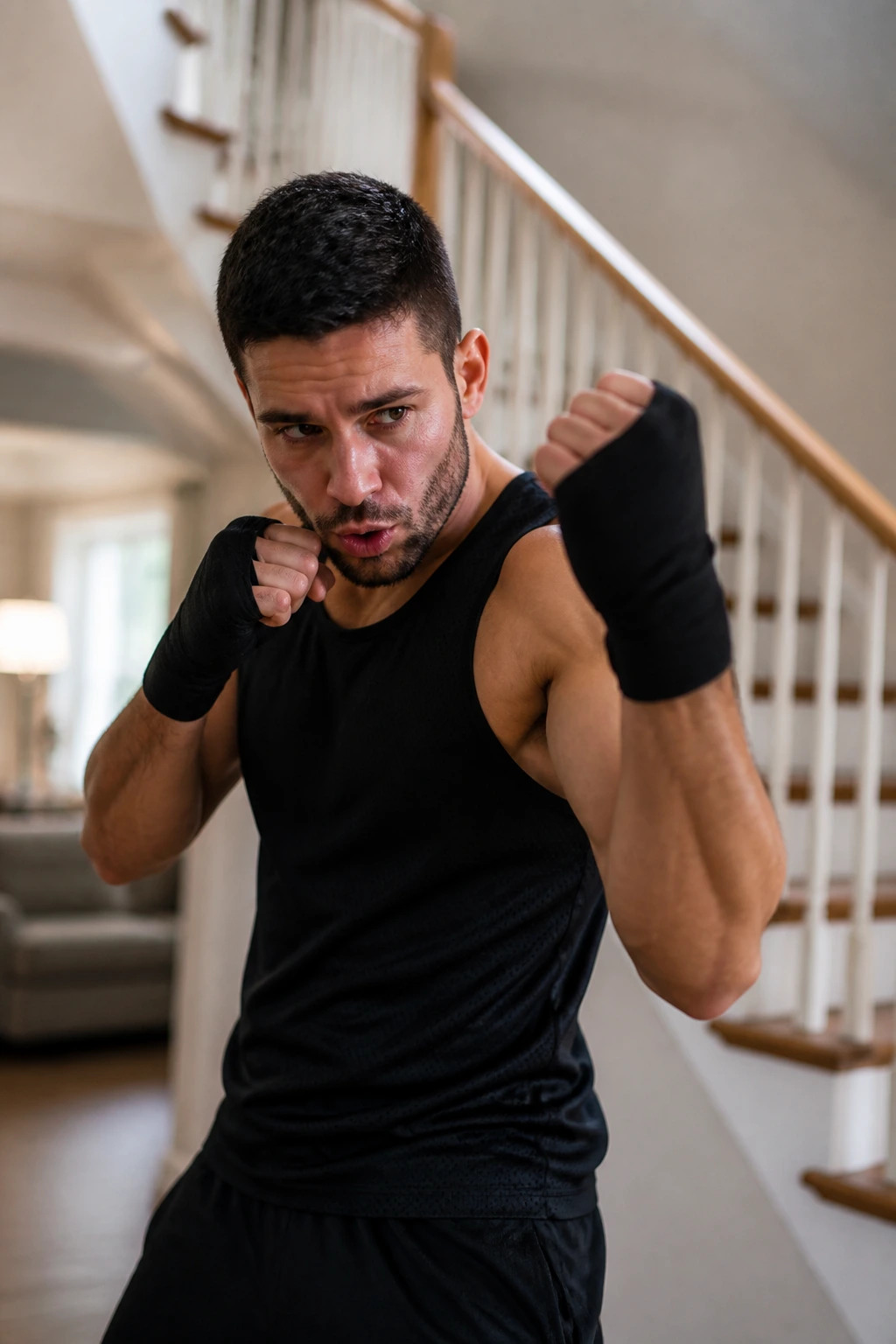 Boxer performing uppercuts with staircase in background