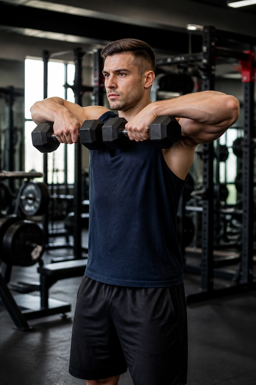 Mid-shot of a person performing an Upright Row for shoulder development