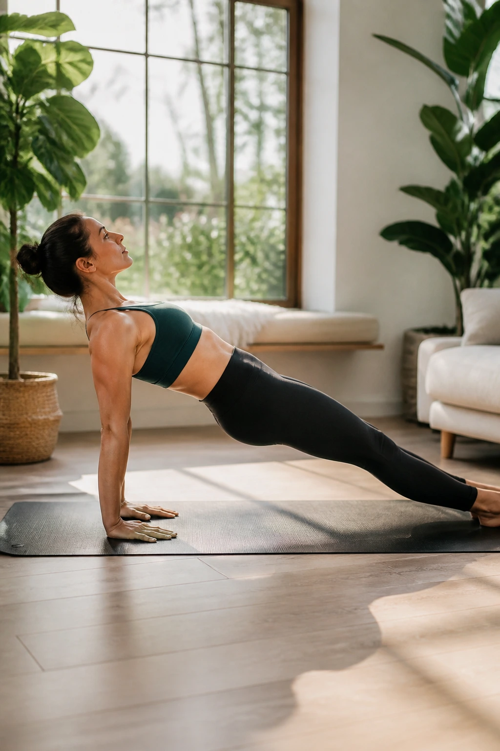Person in Upward Plank Pose on a mat with a diagonal body line and engaged core.