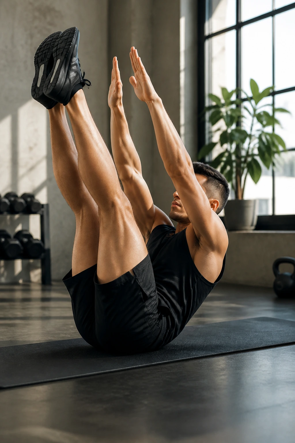 Close-up of person performing a V-Up on mat