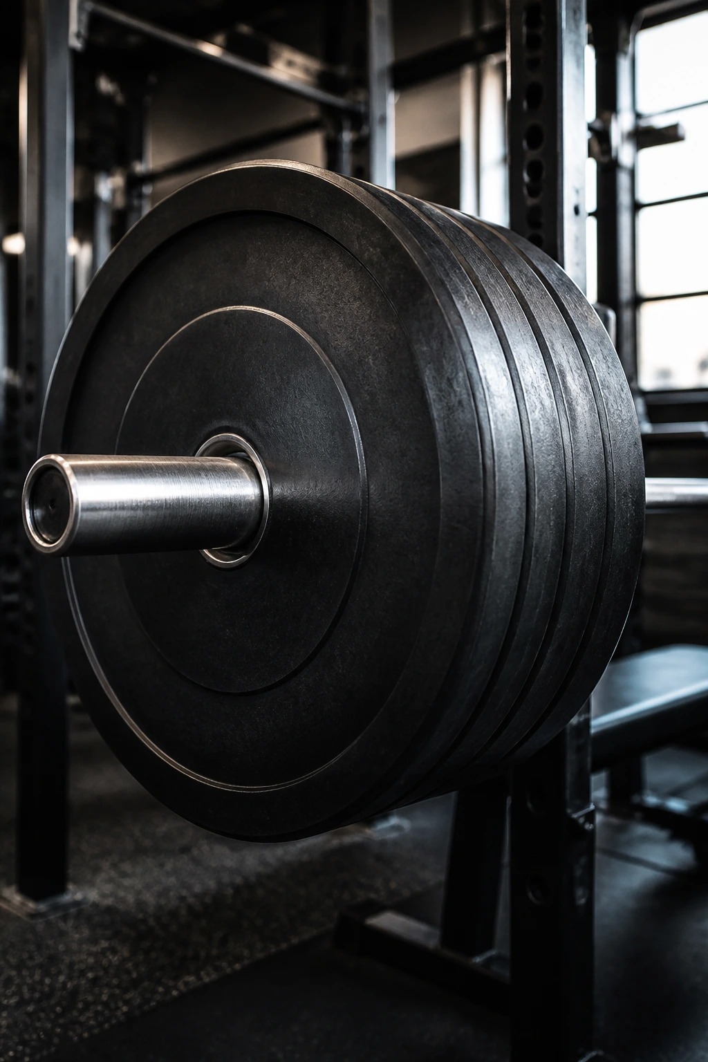 Barbell with blank plates on a rack in a gym