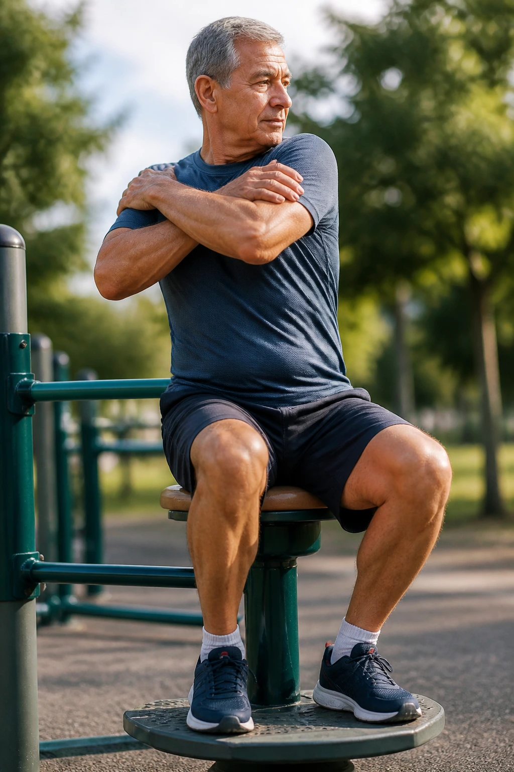 Person performing waist-twister rotations on an outdoor machine