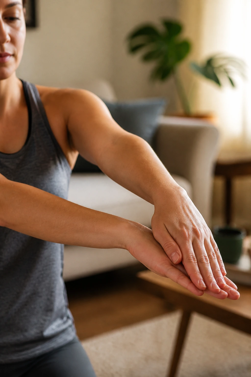 Waiter's Tip stretch performed by a real person, forearm and palm up