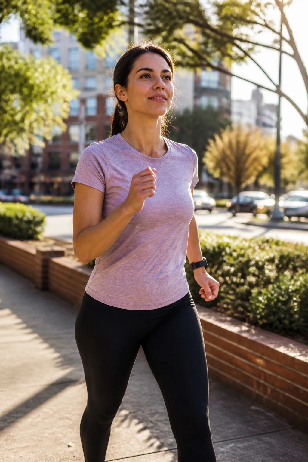 Medium shot of a person briskly walking on a sunny urban sidewalk