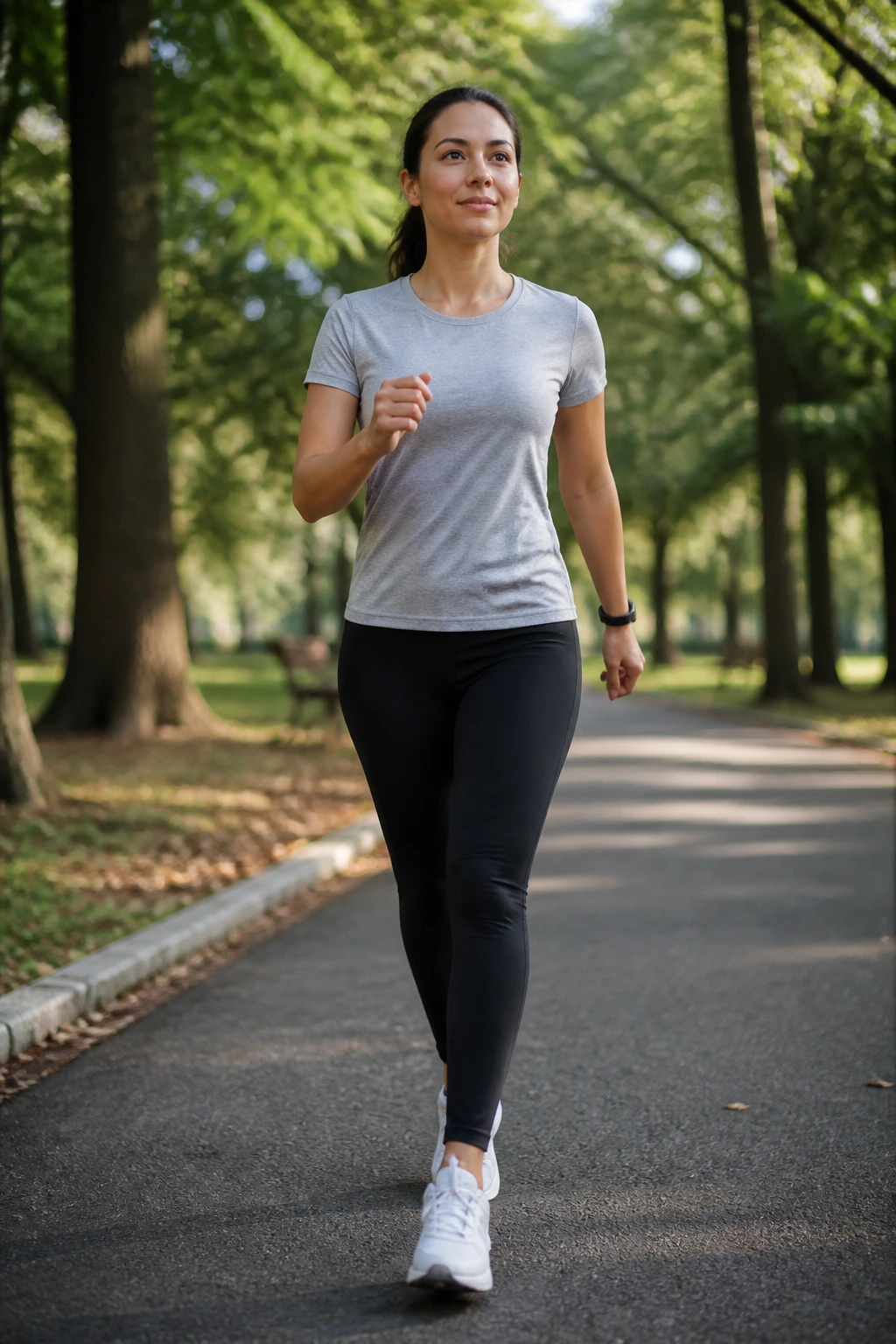 Person walking briskly on a park path for active recovery