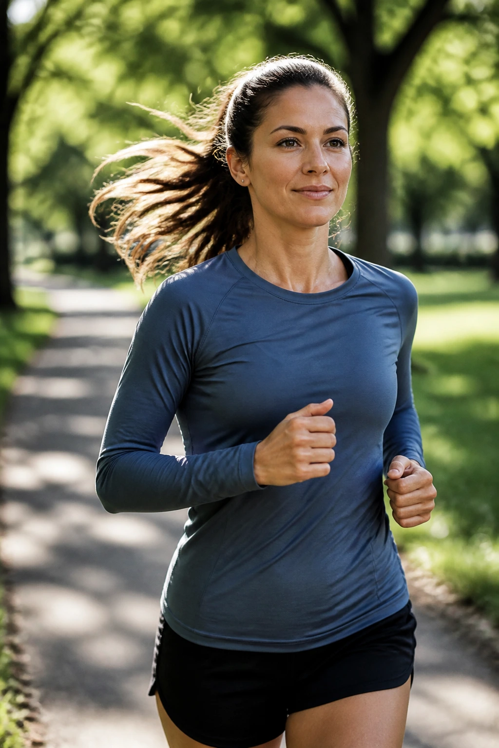 Medium close-up of a real person starting a walk-run routine in a sunlit park