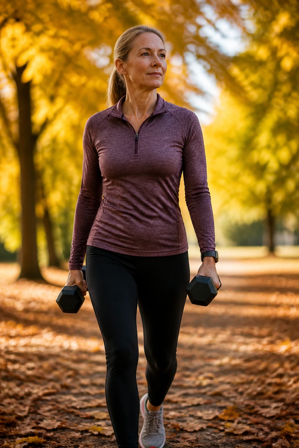 Portrait of a woman walking with dumbbells on an autumn park trail, representing a 30-Day Walk-and-Weights challenge