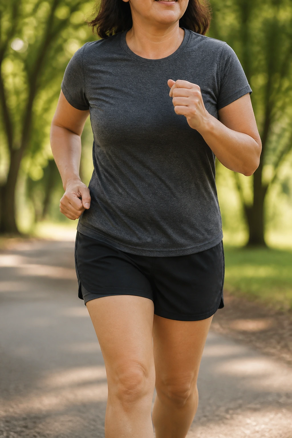 Runner on a park path transitioning from walking to jogging, mid-pace