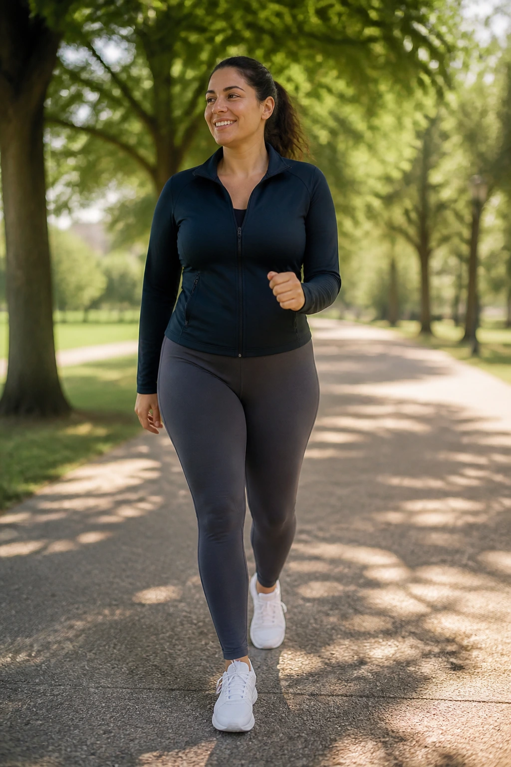 Real woman briskly walking in a park during a beginner cardio plan