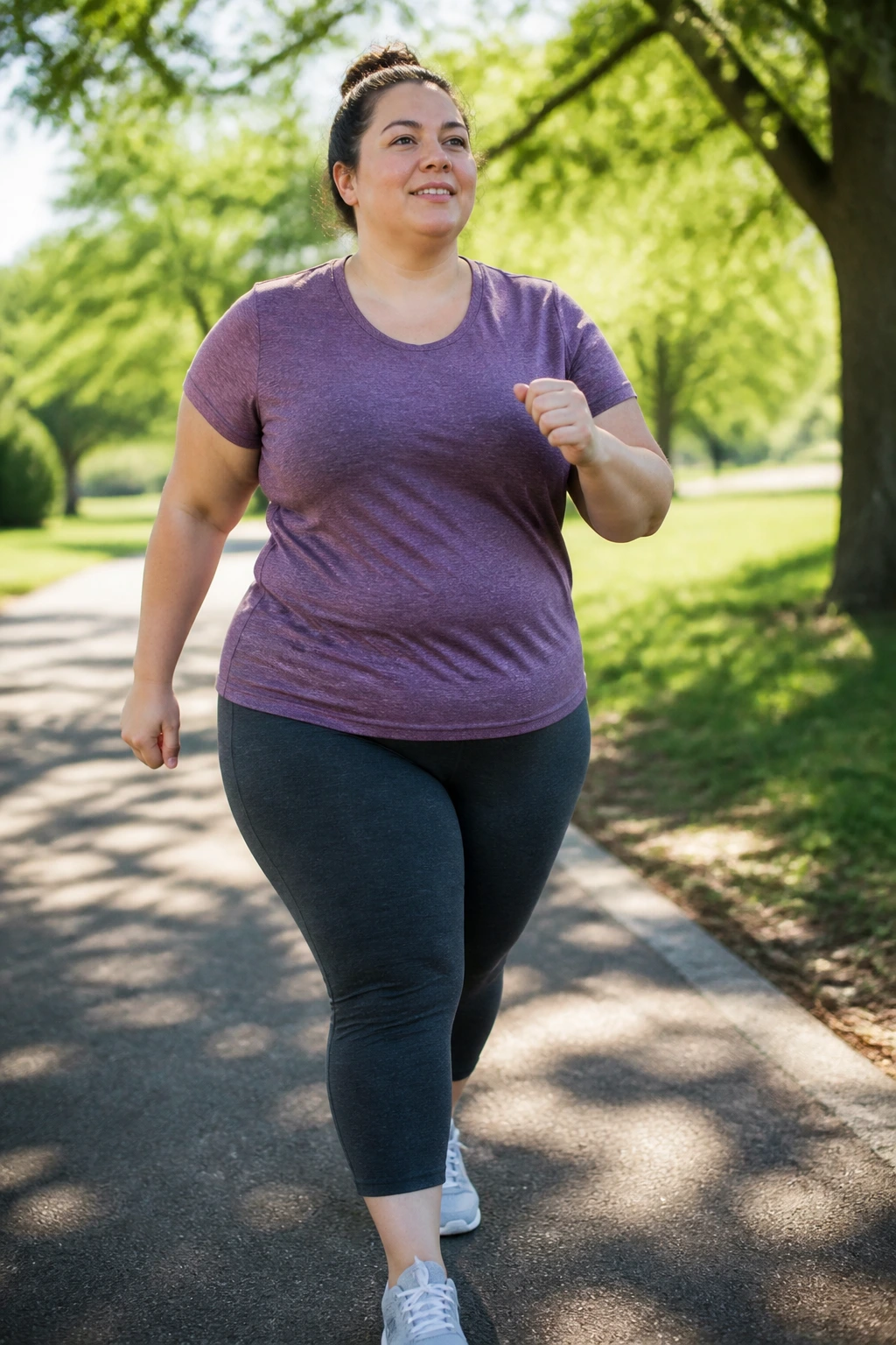 Medium close-up of a plus-size person walking outdoors on a sunlit park path