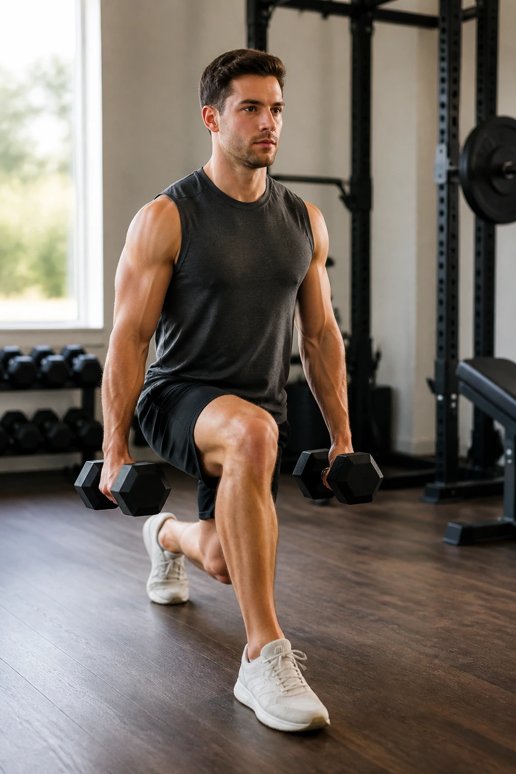 Medium close-up of a person performing a walking lunge with dumbbells in a home gym.