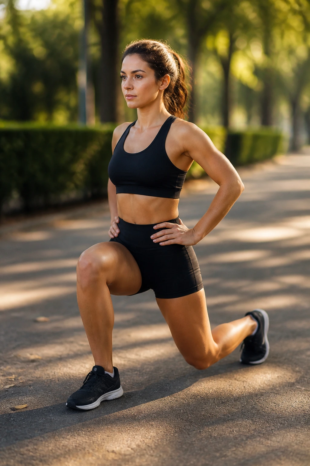 Real person performing walking lunges in a park or gym