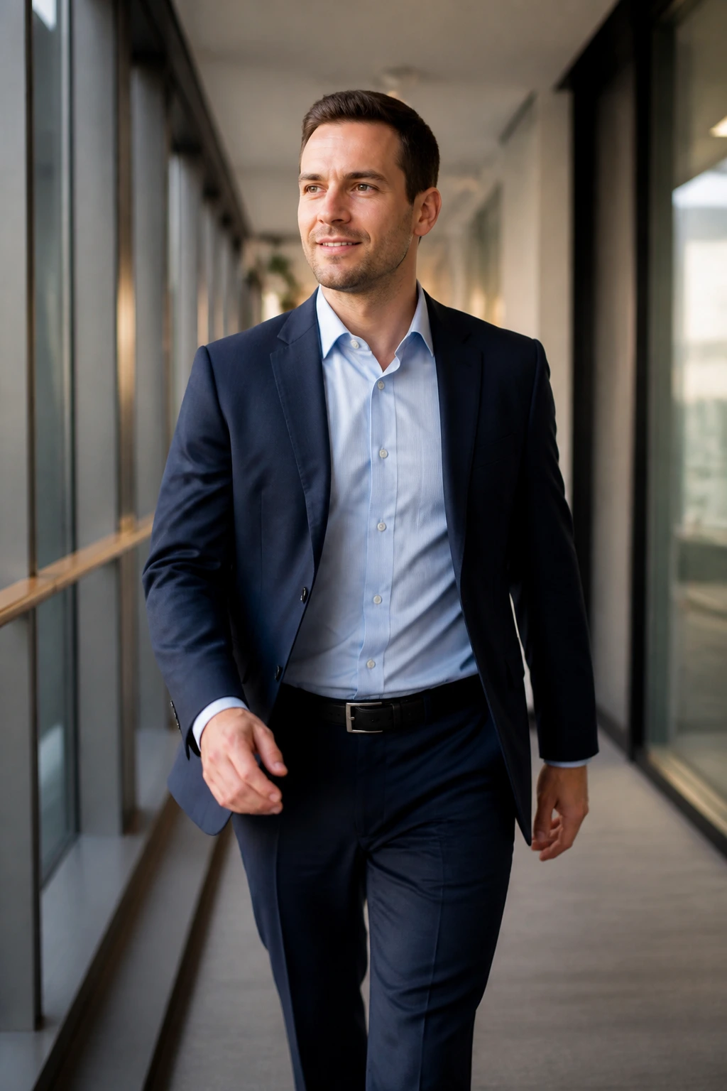 Person walking briskly in corporate hallway during a walking meeting.