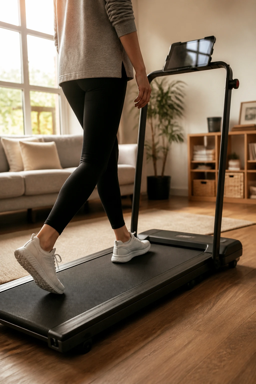 Close-up of a walking pad in a cozy living room with a person walking slowly