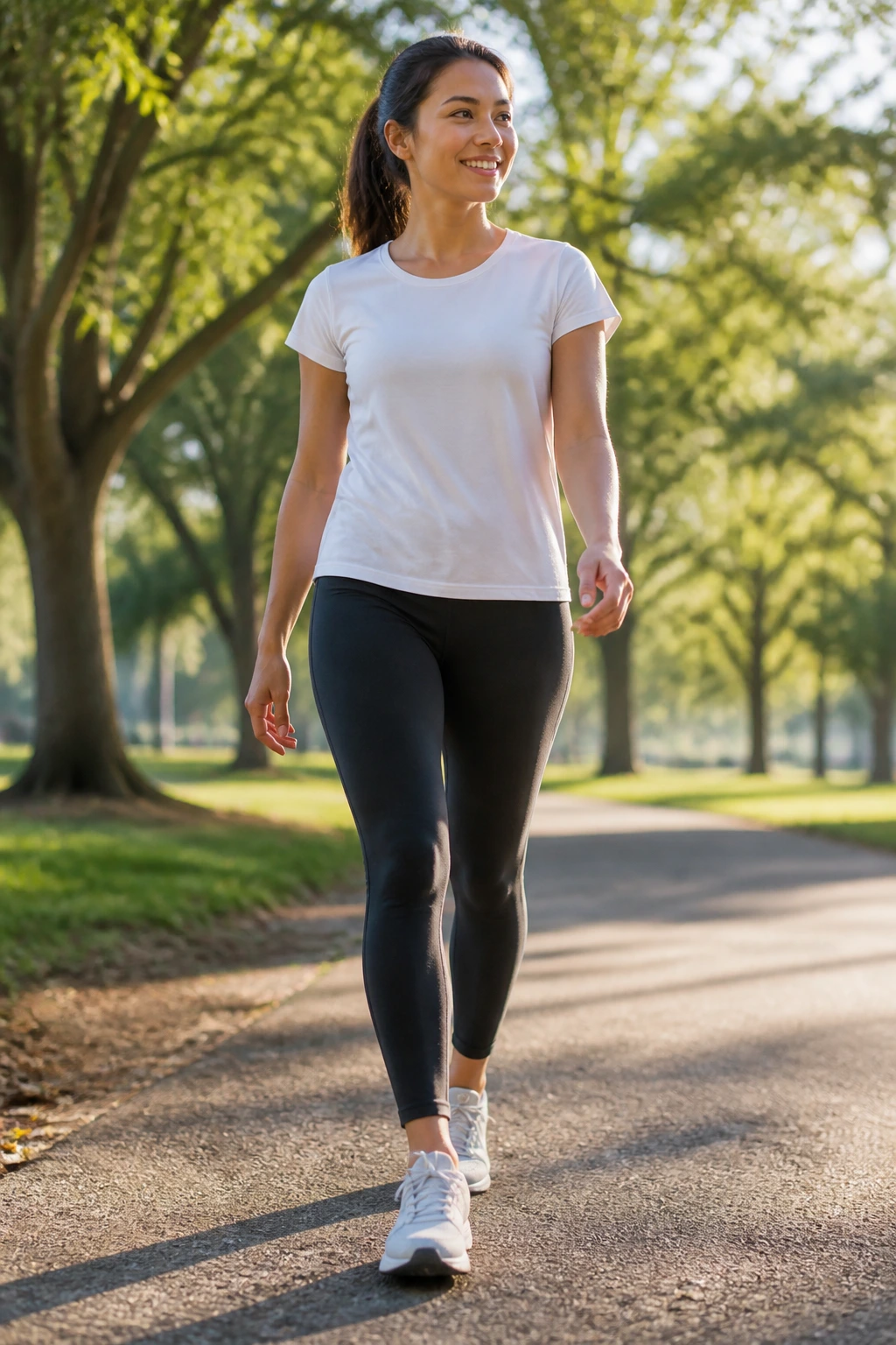 Real person walking on a sunlit park path, representing a 7-Day Walking Calendar for beginners