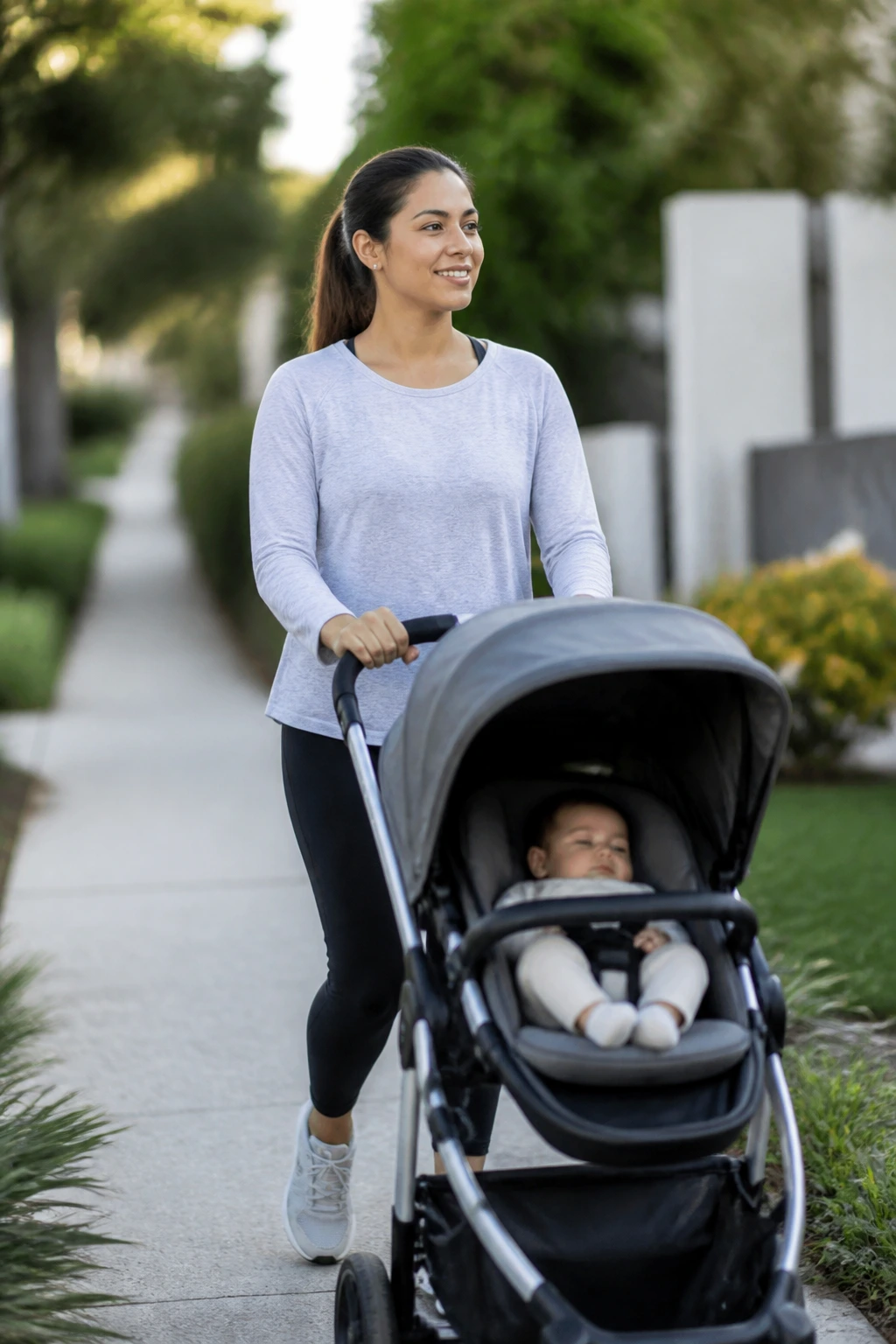 Real mom walking outdoors with a stroller during daytime.
