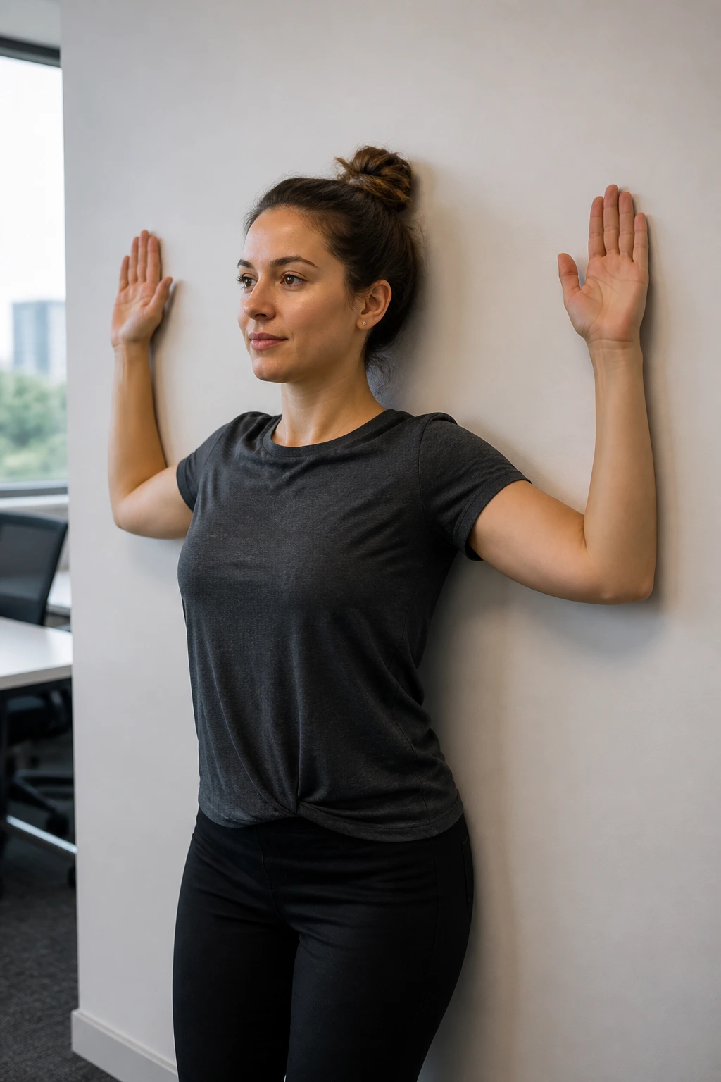 Person performing wall angels against office wall, arms moving in goalpost shape.