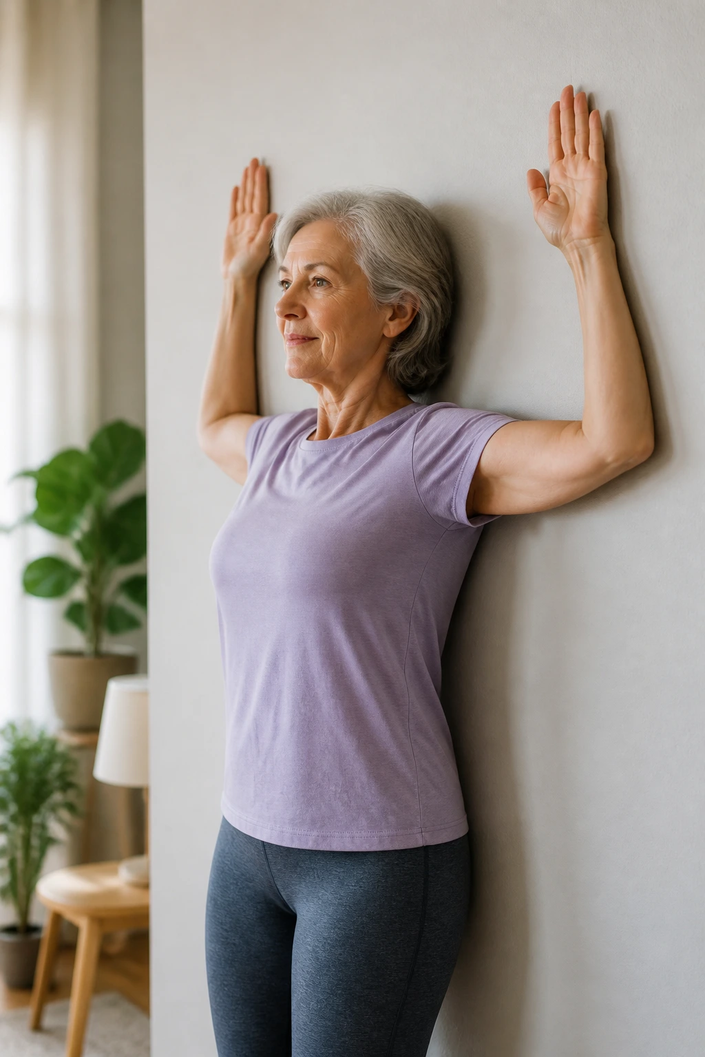 Mid-shot of a person performing wall angels to improve shoulder mobility against a wall.