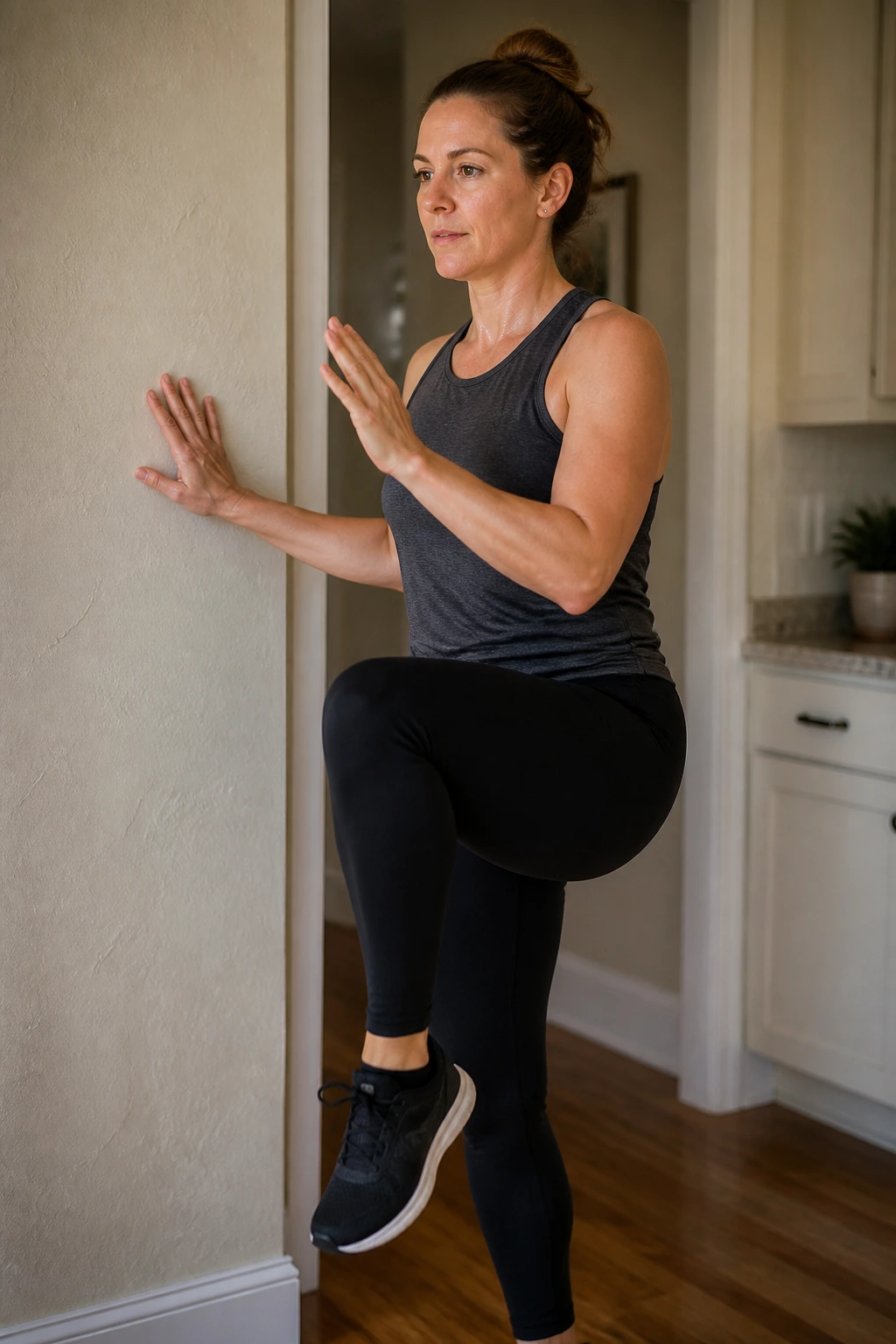 Medium close-up of a person performing wall-assisted knee drives near a wall.