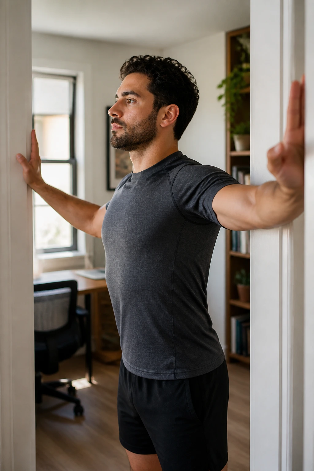 Person performing wall chest stretch in doorway