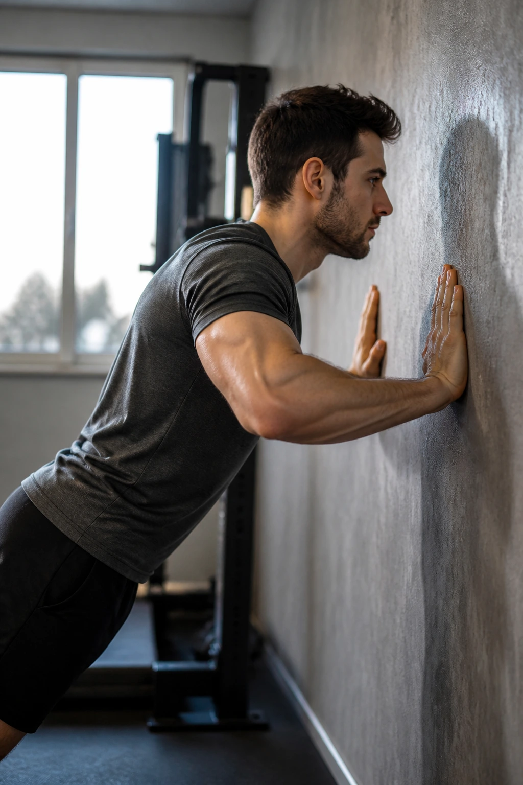 Upper body wall push-up against a textured wall in a cozy home gym