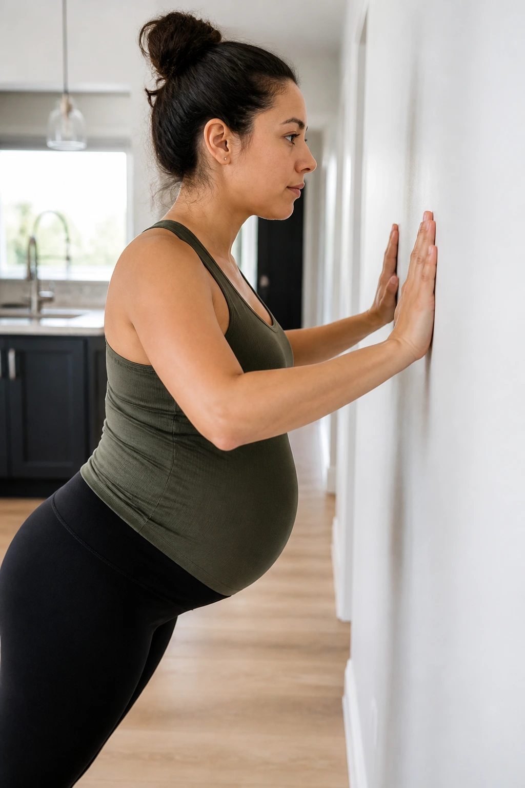 Pregnant person doing wall push-ups in a bright home space