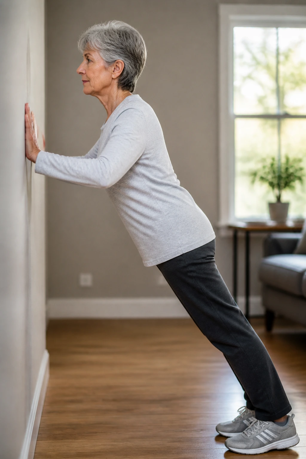 Older adult doing a wall push-up against a home wall