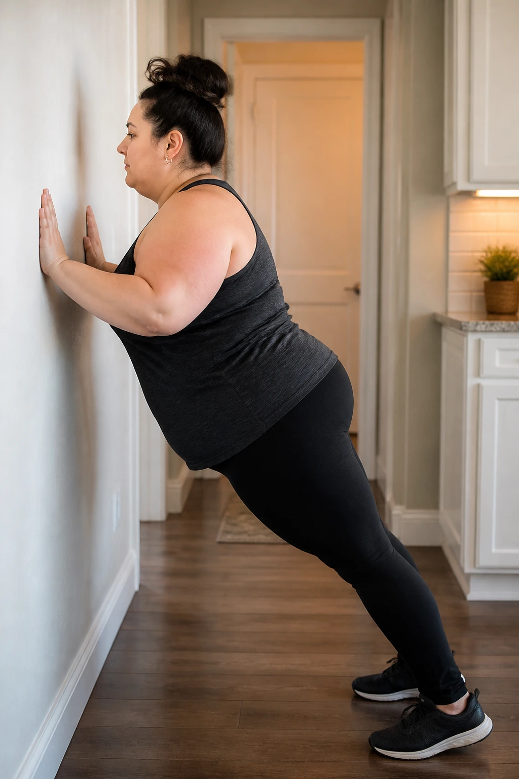 Three-quarter view of a person performing wall push-ups against a bright kitchen wall