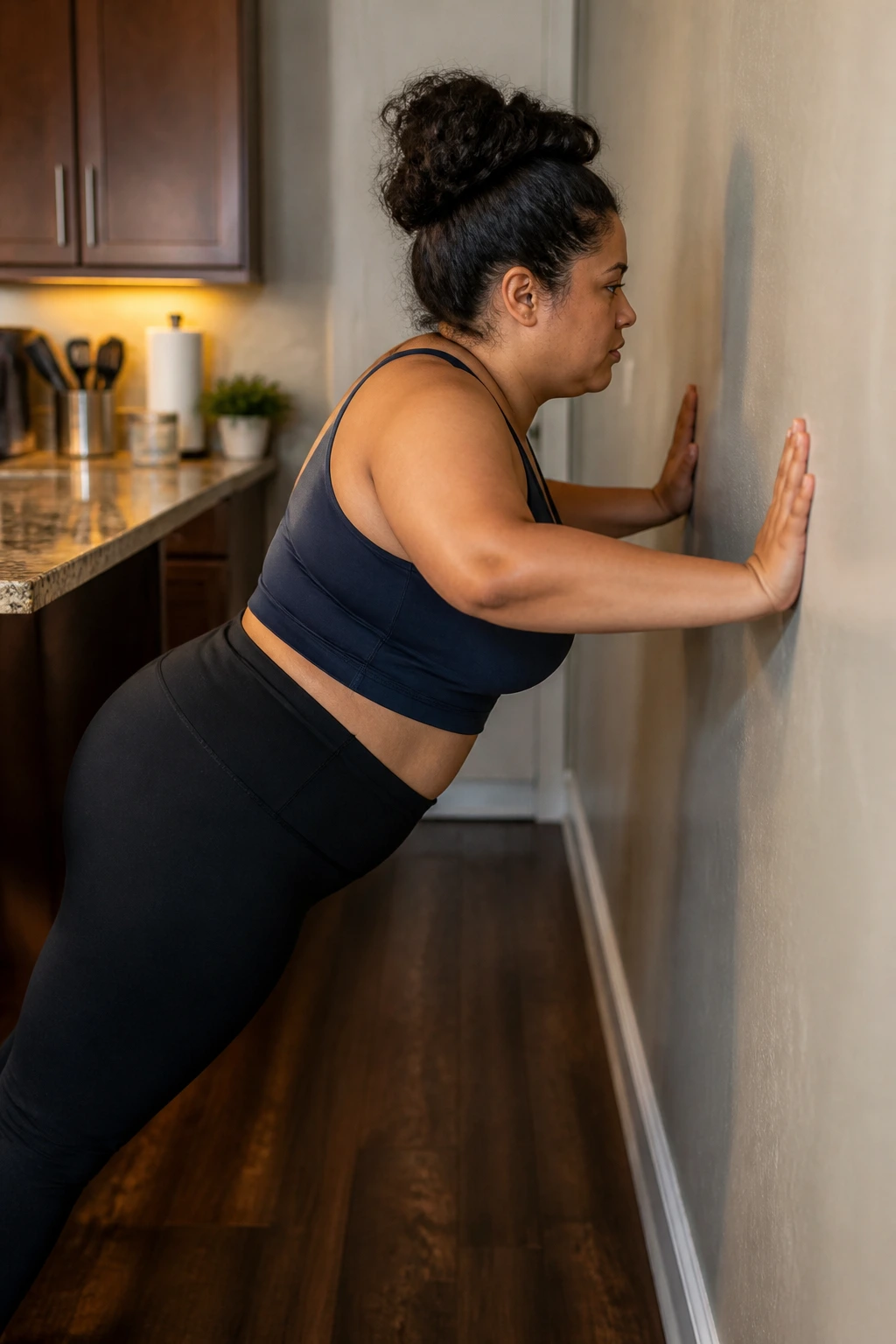 Real person performing wall push-ups in a kitchen, upper body workout.
