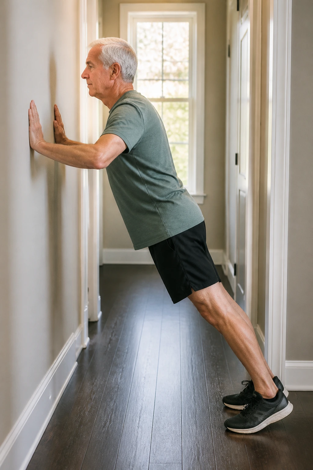 Senior performing wall push-ups in a home setting