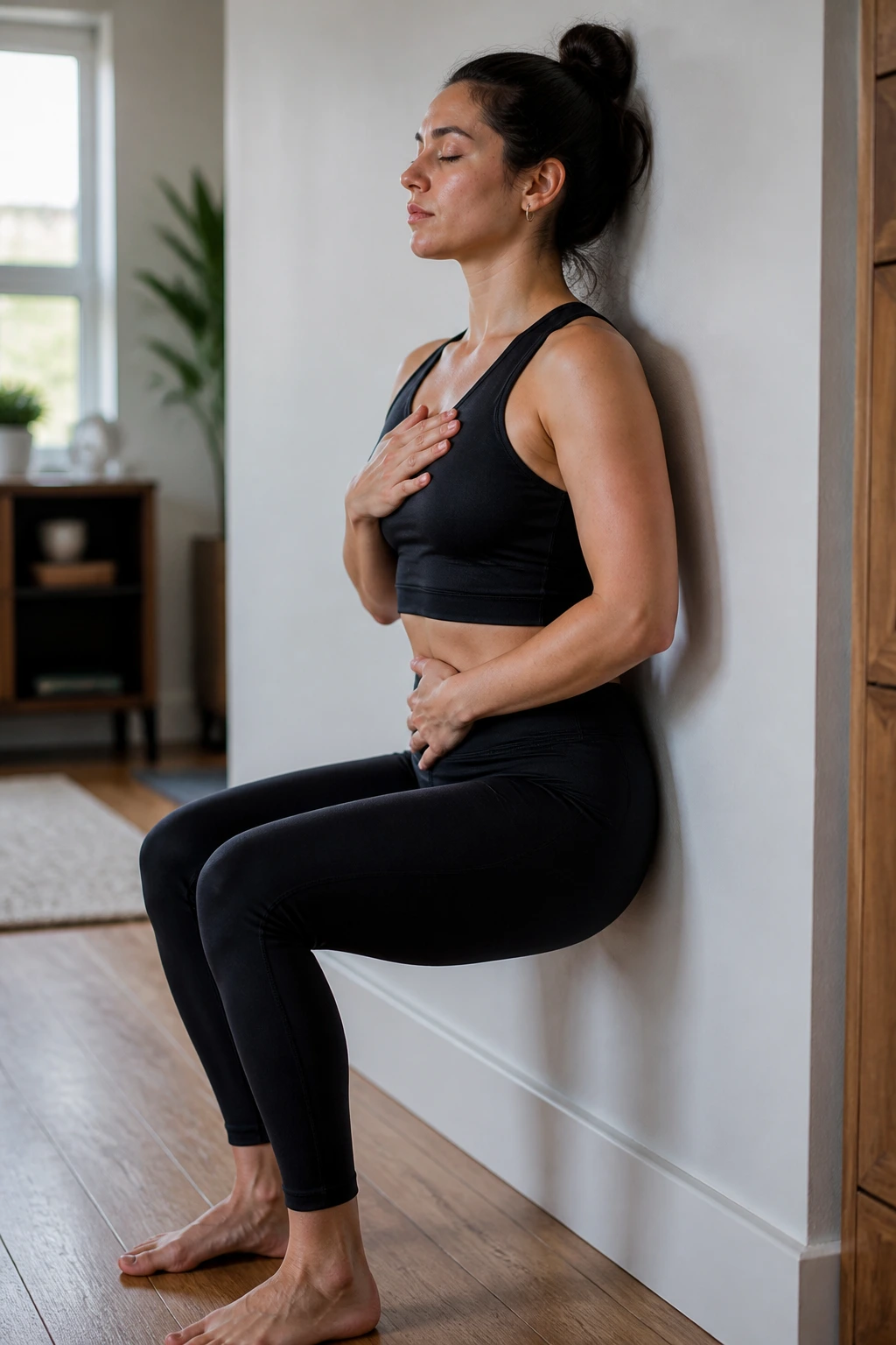 Person performing wall sit with controlled breathing to engage the pelvic floor