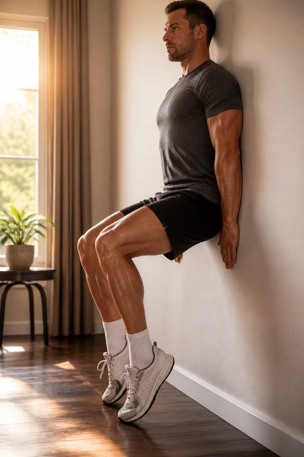 Medium close-up of legs in a wall sit with calves raised against a home wall