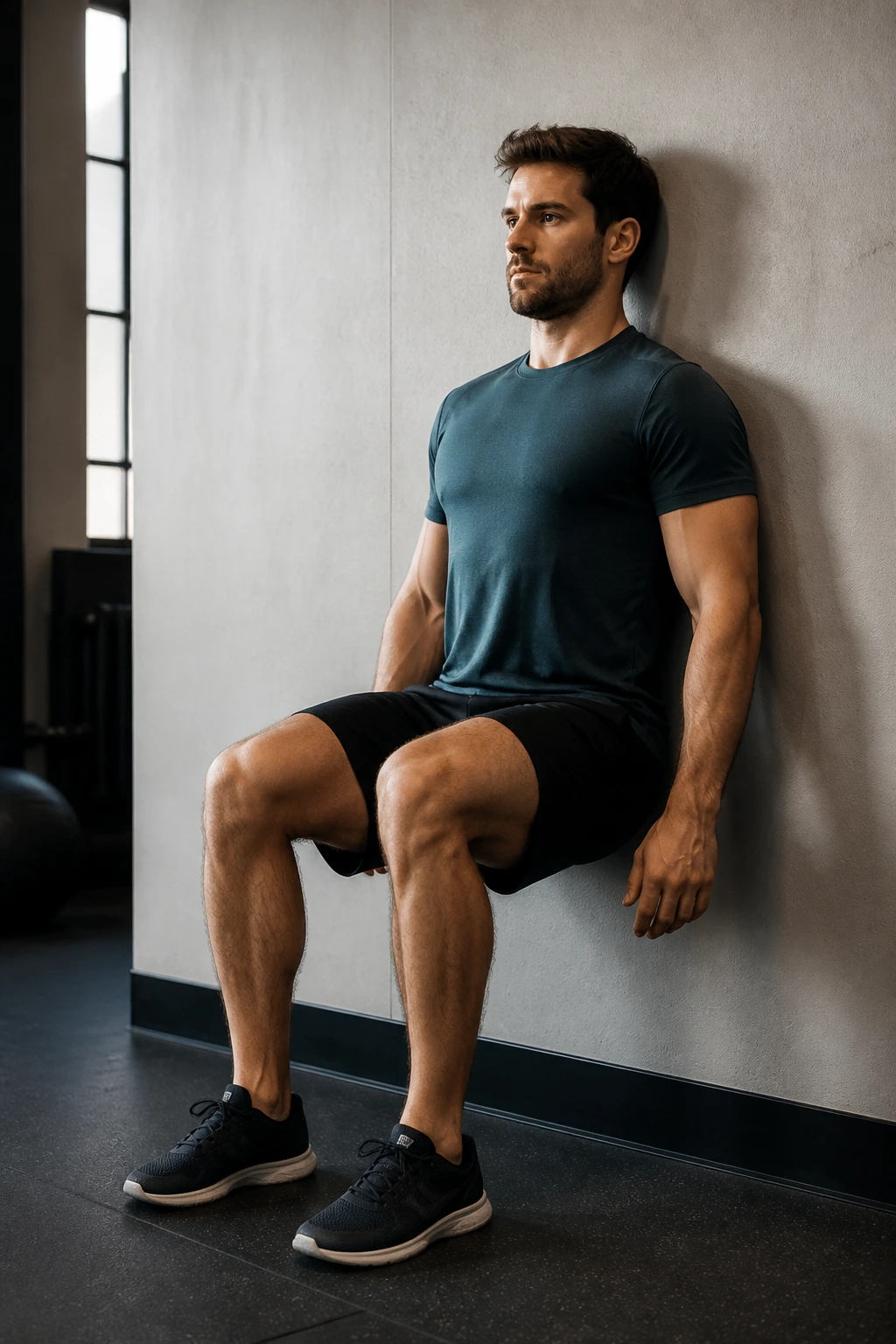 Real person holding wall sit position in gym setting