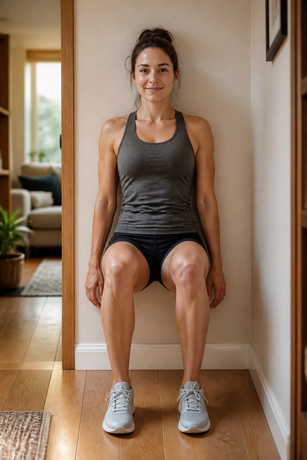Person in a wall sit with back against wall and thighs angled mid-pose