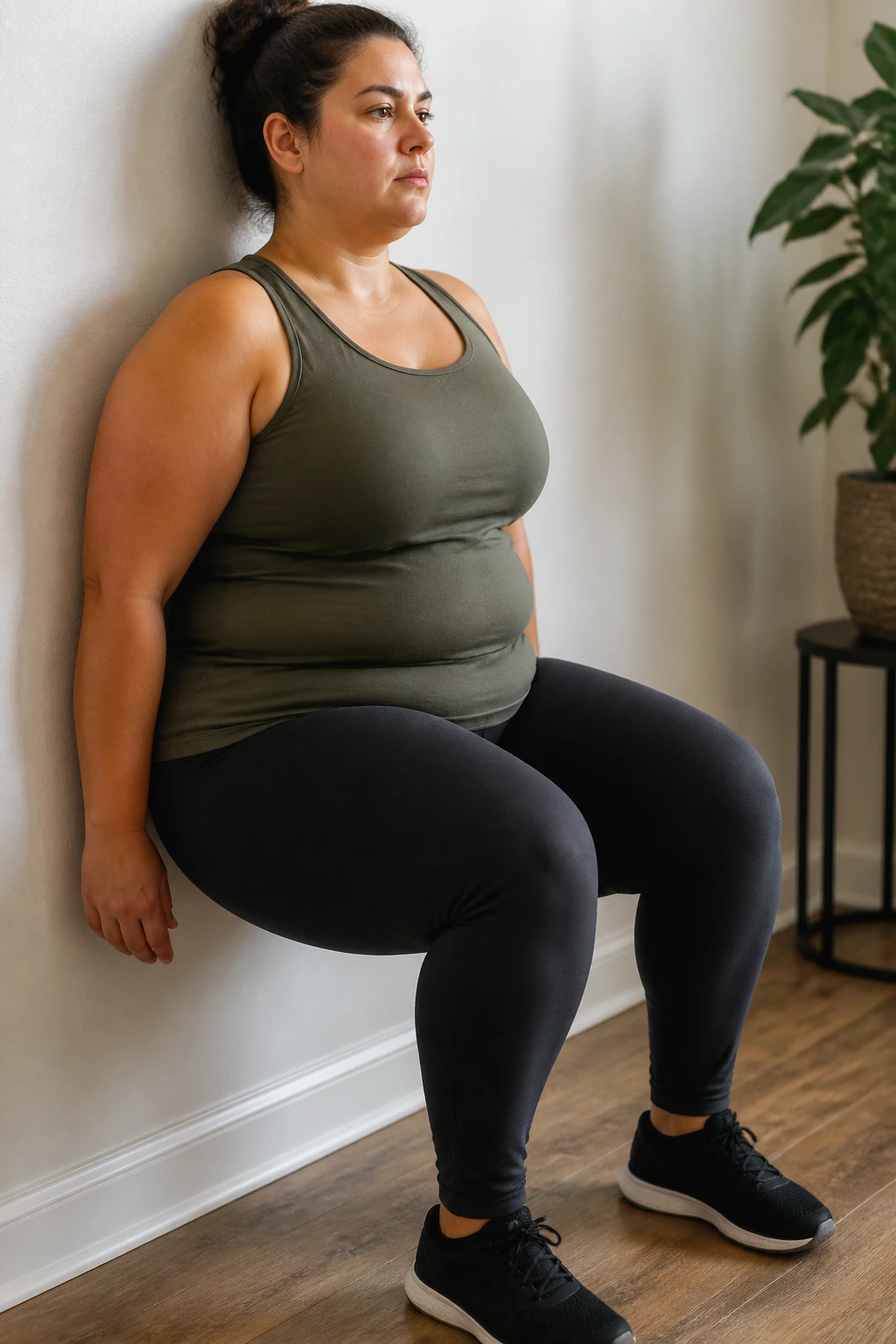 Real person performing a wall sit in a home space with a supportive wall behind.