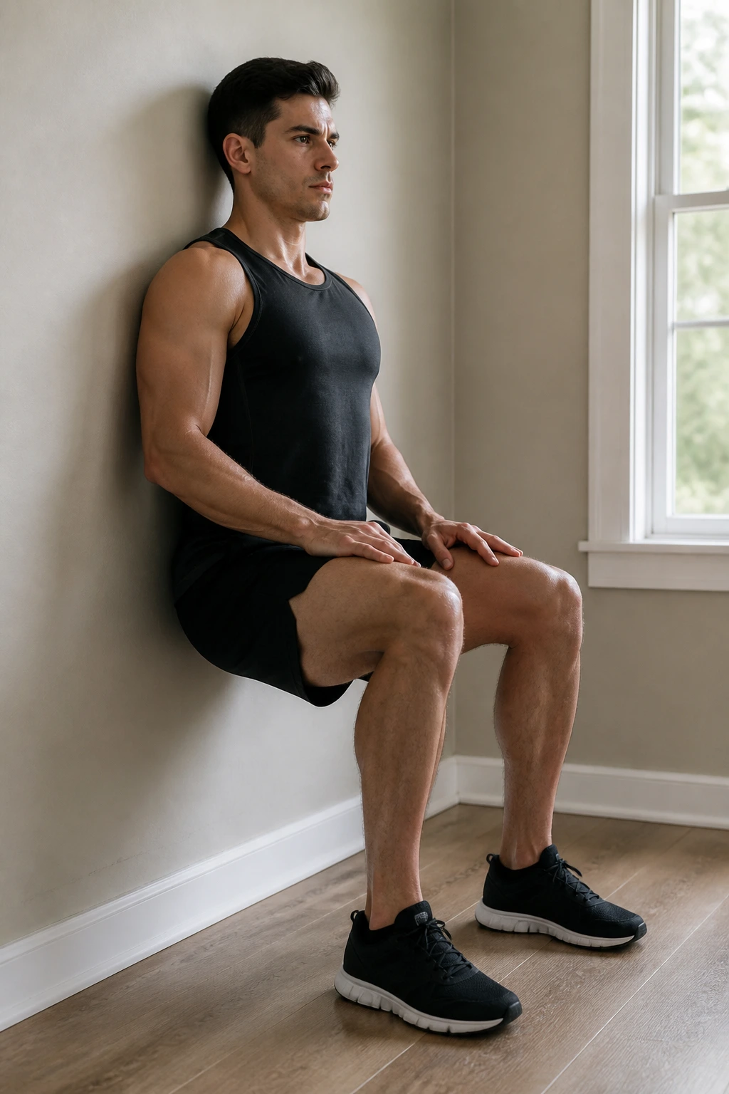 Person in wall sit position against a wall, quads engaged in daylight in a living space.