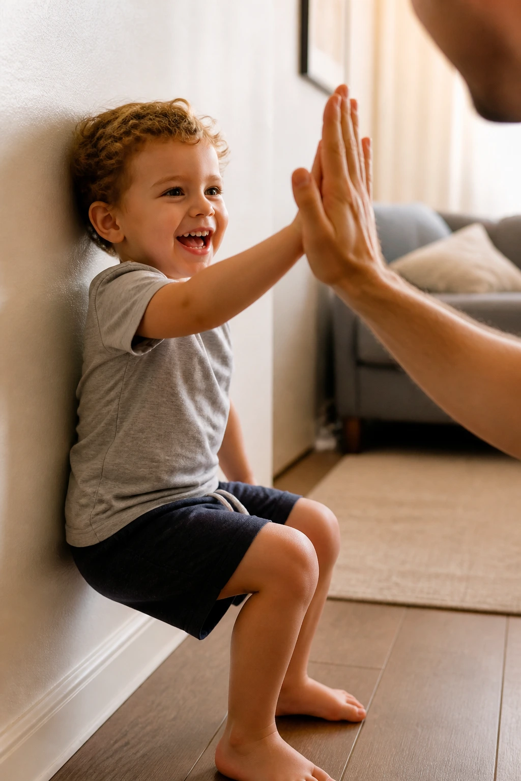 Toddler in wall sit giving high-five during play.