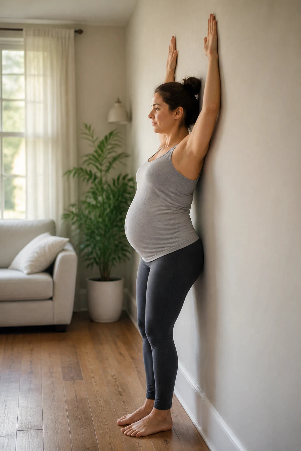 Pregnant woman doing wall slides to improve posture