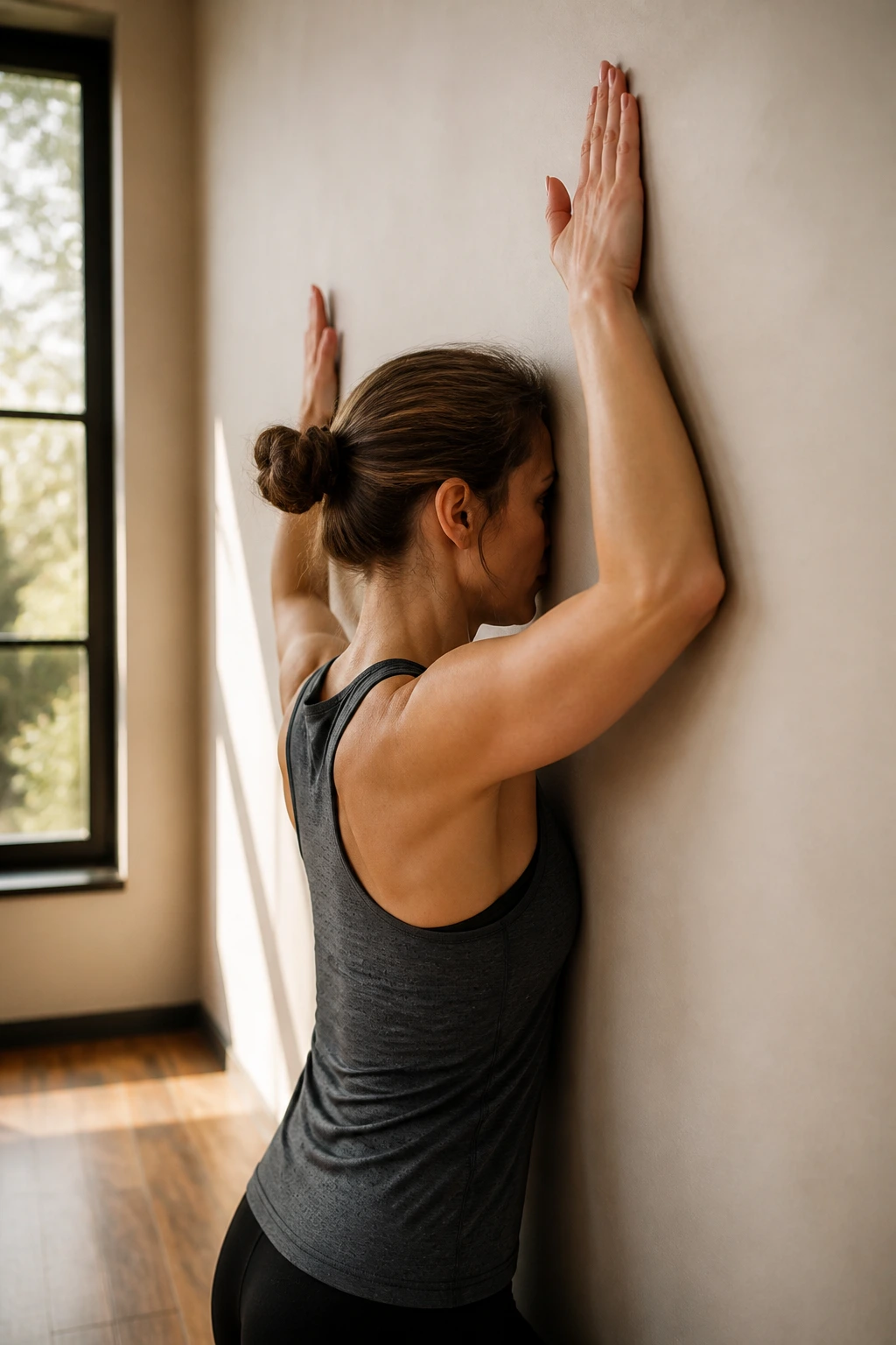 Close-up of a person performing wall slides for scapular stability with back to wall