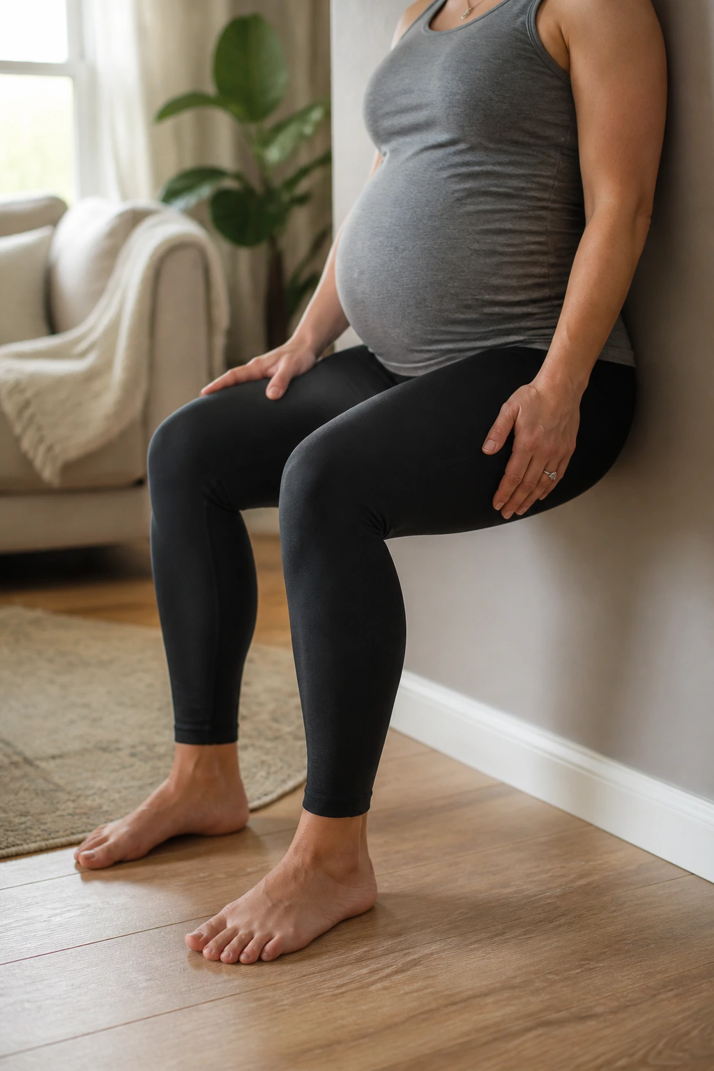Pregnant person performing wall squat in a cozy home setting