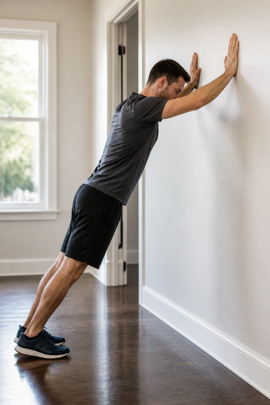 Real person performing wall walks in a home hallway