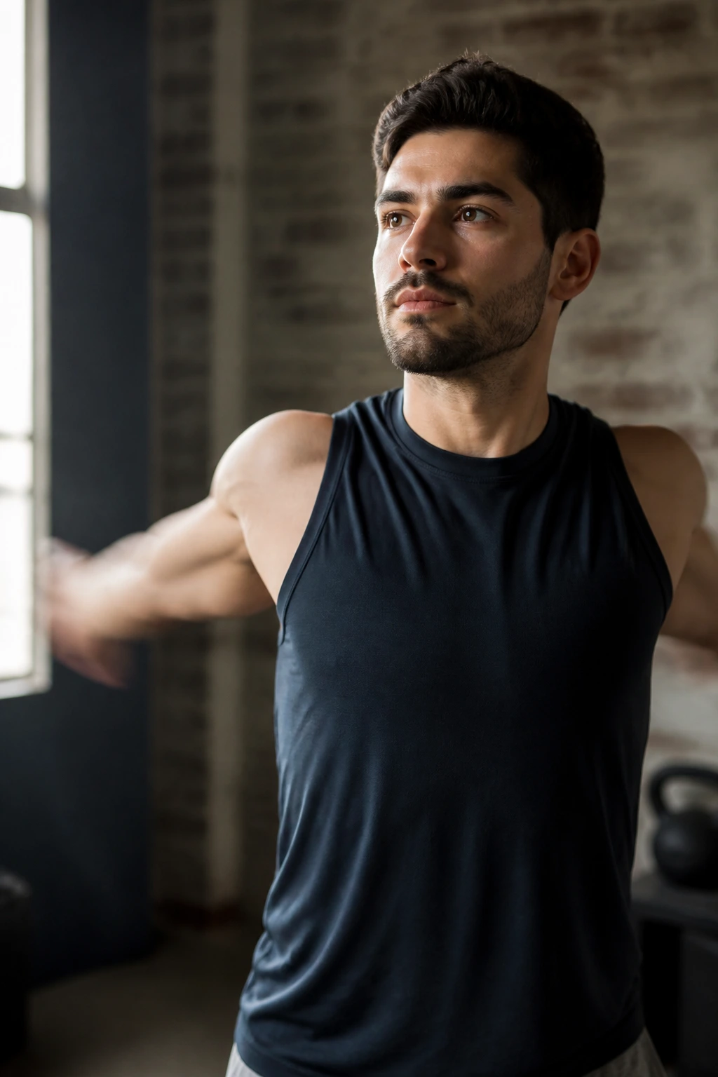 Close-up of a person performing dynamic arm circles during a warm-up in a gym
