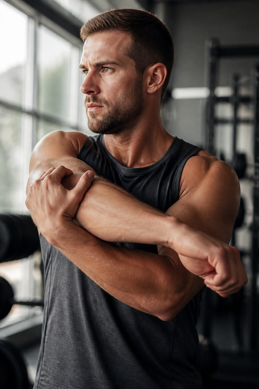 Close-up of a fit athlete warming up before a heavy set in a gym.