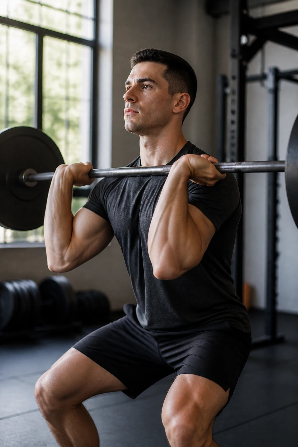 Lifter performing a warm-up set with an empty bar in a gym