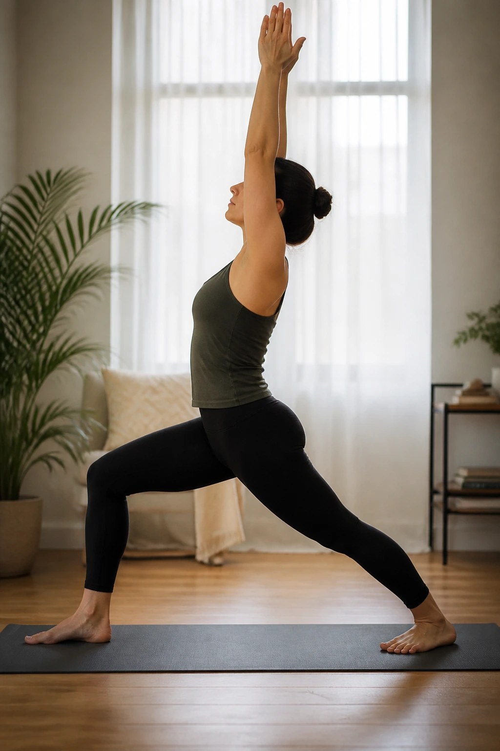 Real person in Warrior I pose on yoga mat in home setting.