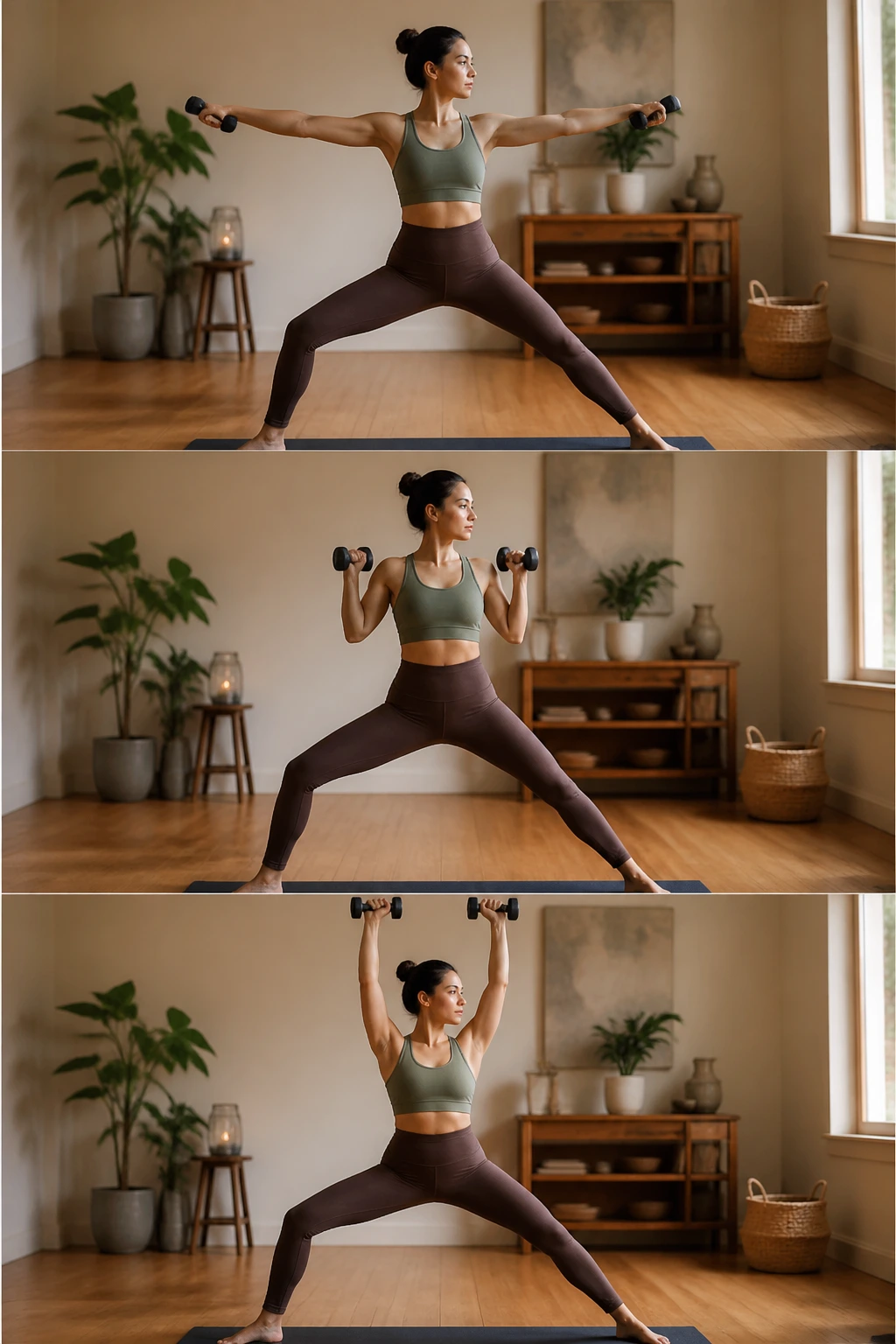Real person in Warrior II performing upper-body moves with dumbbells in a home setting.